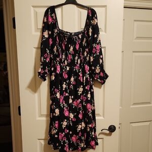 Torrid Black Floral Midi Dress with Smocked Top, 1X